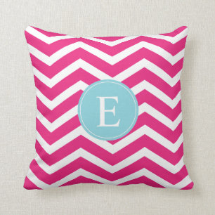 Bright Pink White Chevron Blue Monogram Cushion