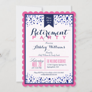 Bright Pink, White, Navy Blue Retirement Party Invitation
