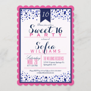 Bright Pink, White, Navy Blue Sweet 16 Party Invitation