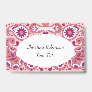 Bright Pink White Paisley Design Flowers Tear Drop ID Badge