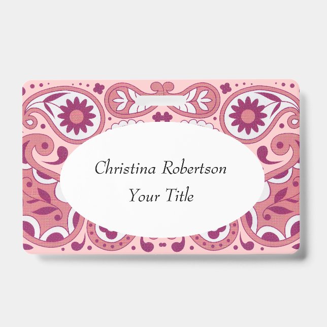 Bright Pink White Paisley Design Flowers Tear Drop ID Badge (Front)