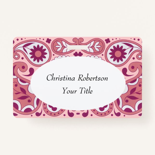 Bright Pink White Paisley Design Flowers Tear Drop ID Badge (Front)