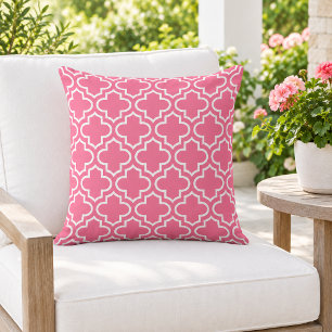 Bright Pink White Quatrefoil Trellis Cushion