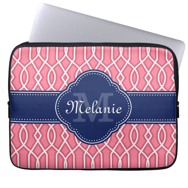 Bright Pink Wht Trellis Pattern Navy Monogram Laptop Sleeve (Front)