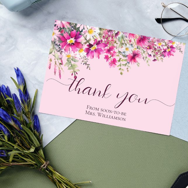 Bright Pink Wildflowers Boho Floral Thank You Card (Creator Uploaded)