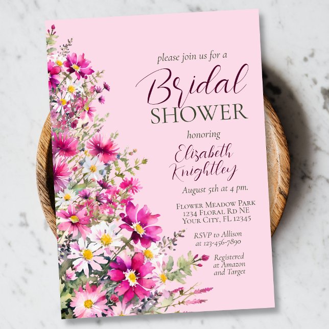 Bright Pink Wildflowers Floral Boho Bridal Shower Invitation (Creator Uploaded)