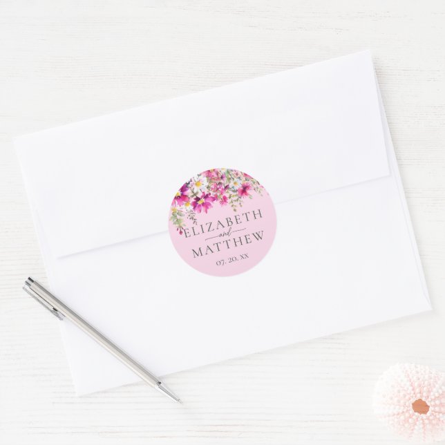 Bright Pink Wildflowers Floral Wedding Names Classic Round Sticker (Envelope)