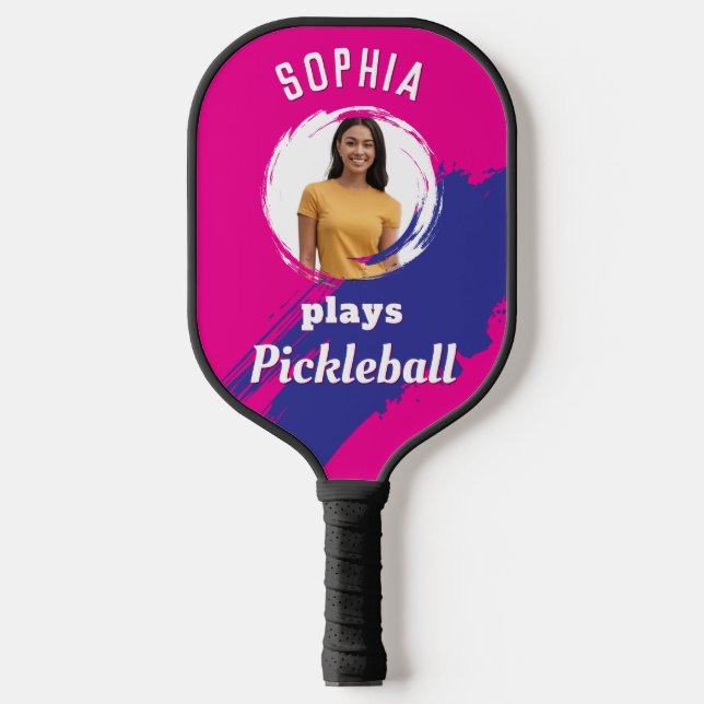 Bright Pink with Photo and Name Personalised Pickleball Paddle (Front)