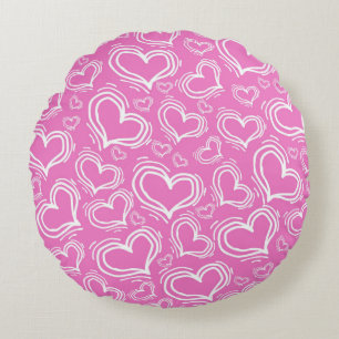 BRIGHT PINK WITH WHITE HEARTS AND FLOWERS ROUND CUSHION