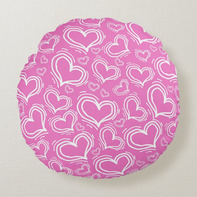BRIGHT PINK WITH WHITE HEARTS AND FLOWERS ROUND CUSHION (Front)