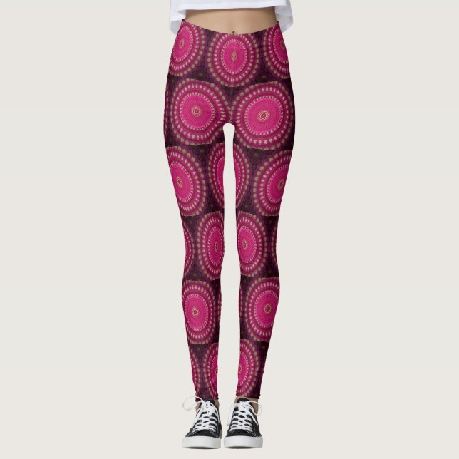 Bright Pink with Yellow Mandala Design Leggings (Front)