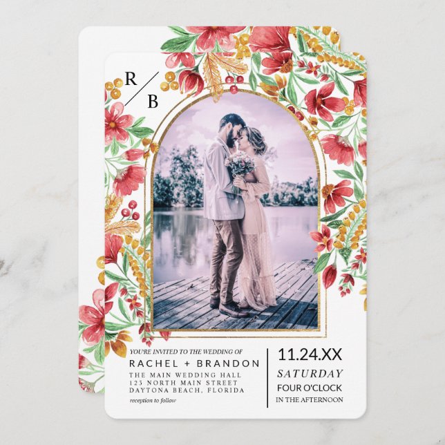 Bright Pink Yellow Floral Arch Photo Wedding Invitation (Front/Back)
