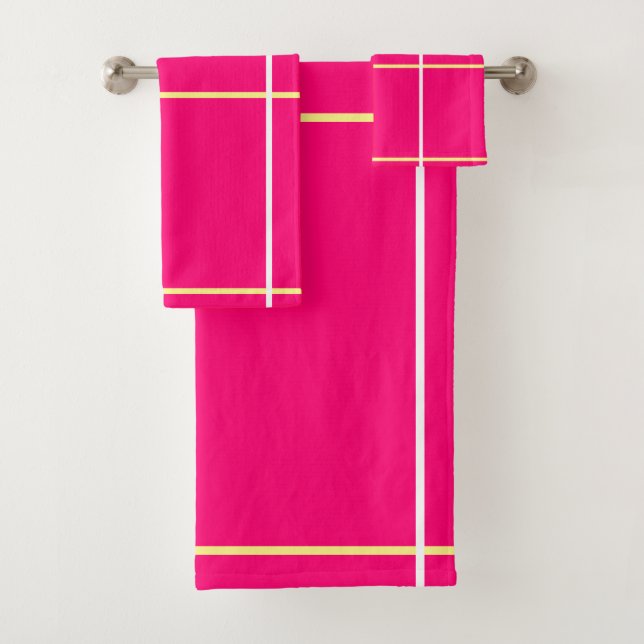 Bright Pink Yellow White Stripes  Bath Towel Set (Insitu)