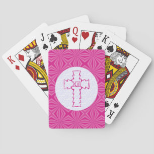 Bright Pink Zig-Zag Christian Cross White Playing Cards