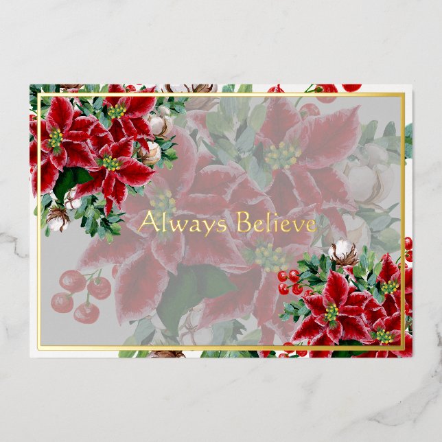 Bright poinsettias and holly custom Christmas Holi Foil Holiday Card (Front)