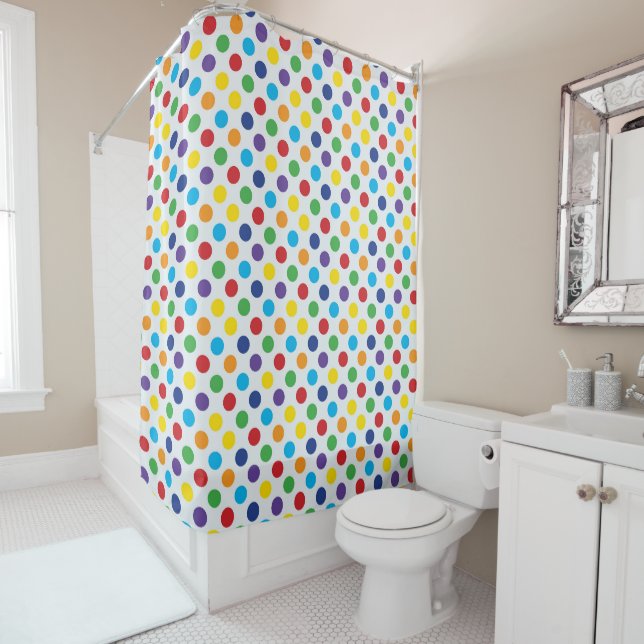 Bright polka dot pattern home decor shower curtain (In Situ)