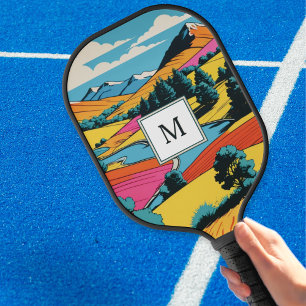 Bright Pop Art Colourful Landscape Monogrammed Pickleball Paddle