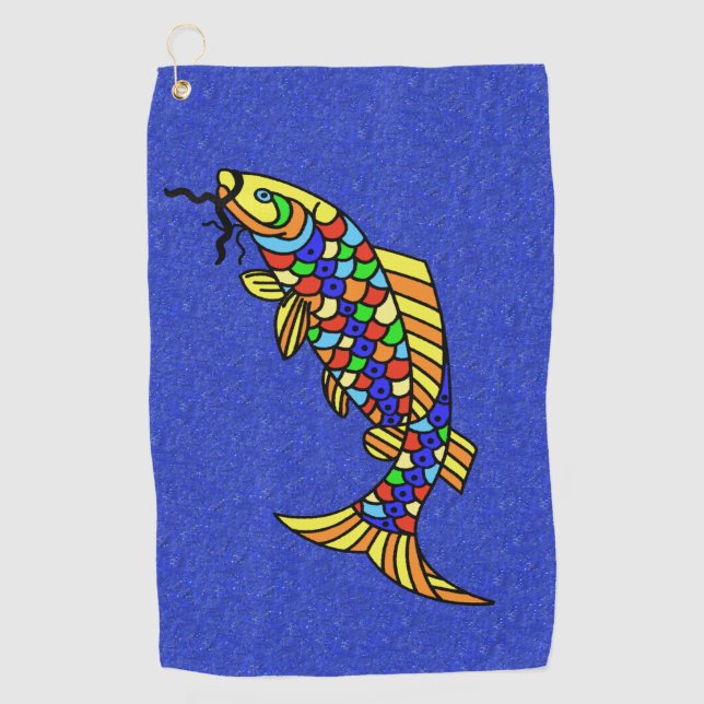 Bright Pop Art Style Fish Colourful Scales Blue Golf Towel (Front)