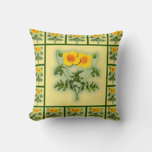 Bright Poppies in Yellow with Green Trim Pillow