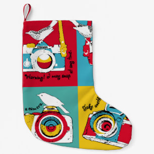 Bright poster in the style of pop art with image o small christmas stocking