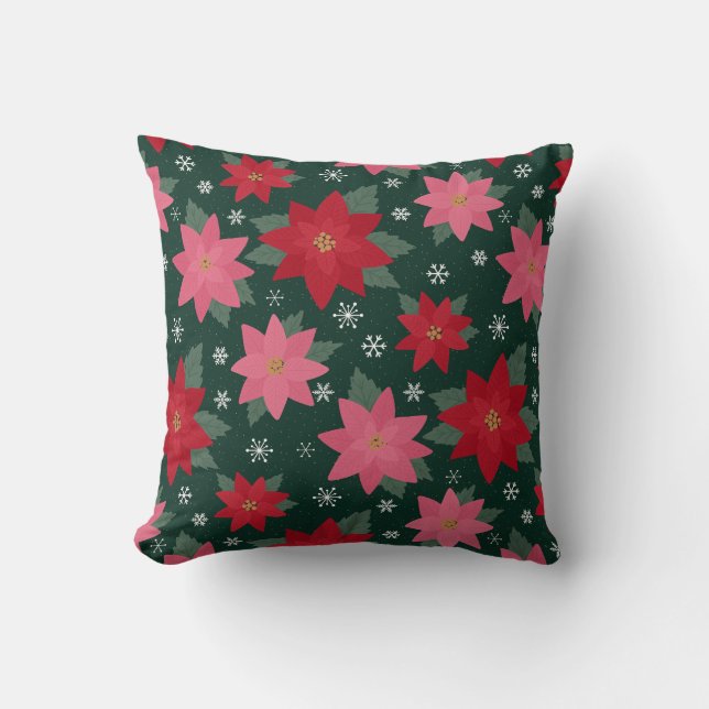 Bright Preppy Christmas Poinsettias Throw Pillow (Front)