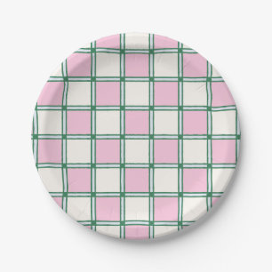 Bright Preppy Pink, Blue and Green Checkers Paper Plate