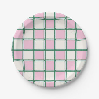 Bright Preppy Pink, Blue and Green Checkers Paper Plate