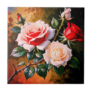 Bright Pretty pink white red roses oil painting Ceramic Tile