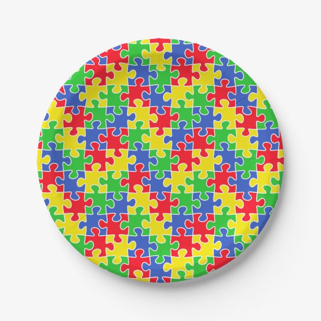 Bright Primary Colours Jigsaw Puzzle Pieces Paper Plate (Front)