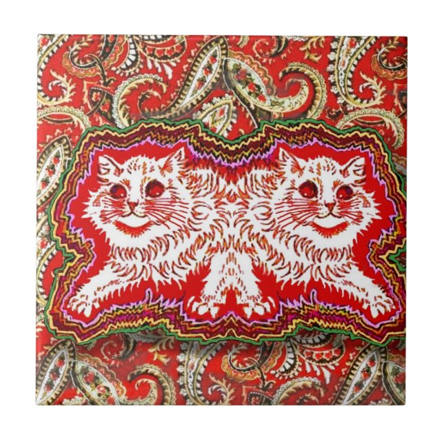 Bright Psychedelic Red Cats (by Louis Wain) Ceramic Tile (Front)