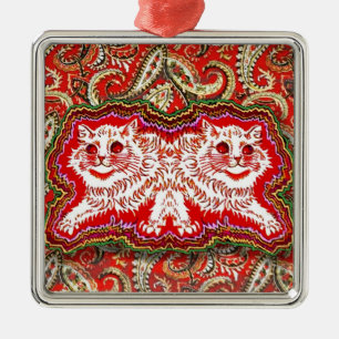 Bright Psychedelic Red Cats (by Louis Wain) Metal Ornament