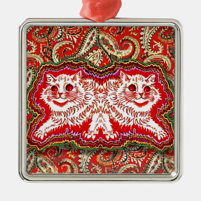 Bright Psychedelic Red Cats (by Louis Wain) Metal Ornament (Front)