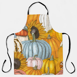 Bright pumpkins, sunflowers, hand-drawn pattern. apron