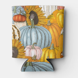 Bright pumpkins, sunflowers, hand-drawn pattern. can cooler