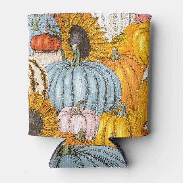 Bright pumpkins, sunflowers, hand-drawn pattern. can cooler (Front)