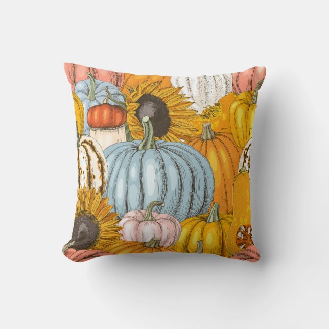 Bright pumpkins, sunflowers, hand-drawn pattern. cushion (Front)