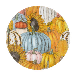Bright pumpkins, sunflowers, hand-drawn pattern. cutting board