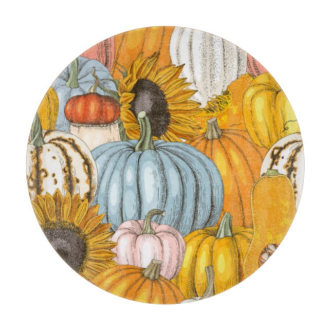 Bright pumpkins, sunflowers, hand-drawn pattern. cutting board (Front)