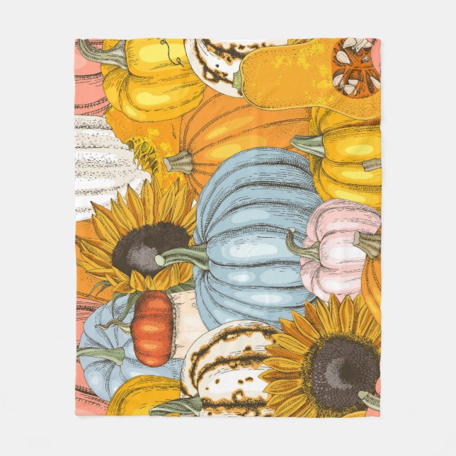 Bright pumpkins, sunflowers, hand-drawn pattern. fleece blanket (Front)