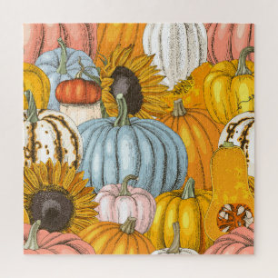 Bright pumpkins, sunflowers, hand-drawn pattern. jigsaw puzzle