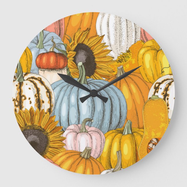 Bright pumpkins, sunflowers, hand-drawn pattern. large clock (Front)