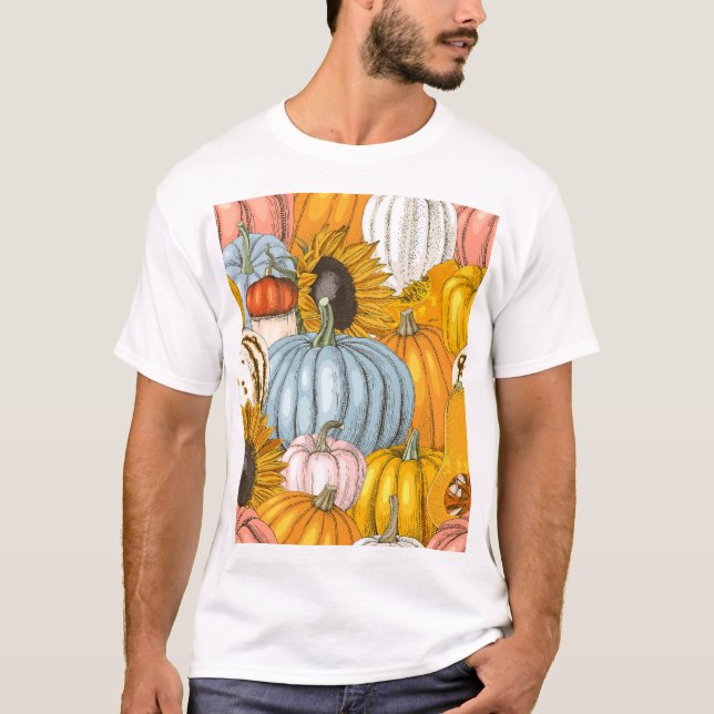 Bright pumpkins, sunflowers, hand-drawn pattern. T-Shirt (Front)
