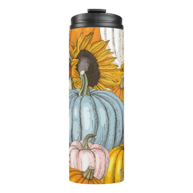 Bright pumpkins, sunflowers, hand-drawn pattern. thermal tumbler (Front)