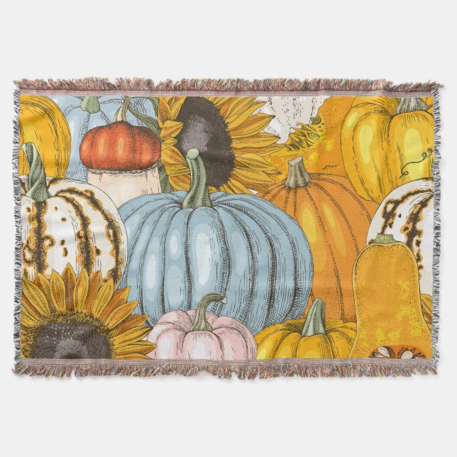 Bright pumpkins, sunflowers, hand-drawn pattern. throw blanket (Front)