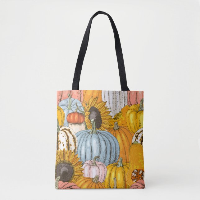 Bright pumpkins, sunflowers, hand-drawn pattern. tote bag (Front)