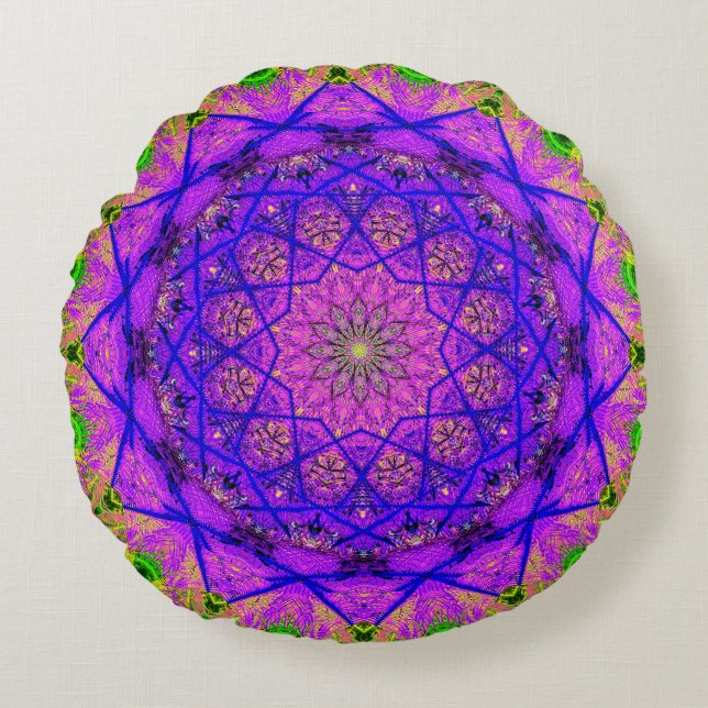 Bright Purple and Green Mandala Round Cushion (Front)