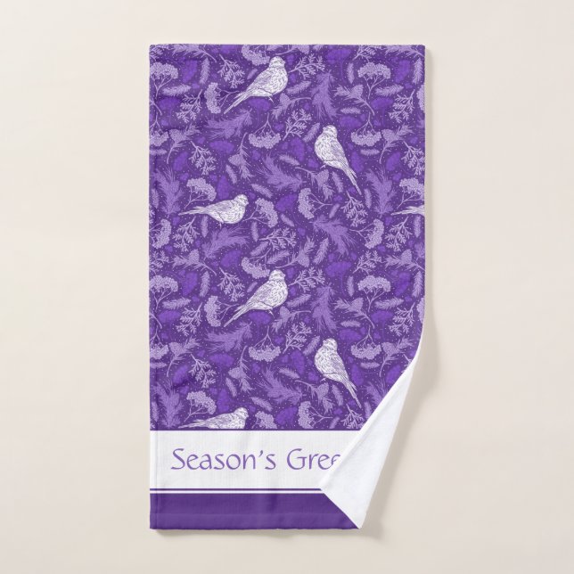 Bright Purple and Winter White Bird Floral Pattern Bath Towel Set (Hand Towel)