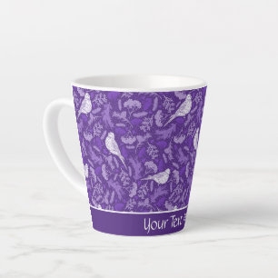 Bright Purple and Winter White Bird Floral Pattern Latte Mug