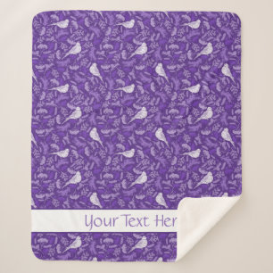 Bright Purple and Winter White Bird Floral Pattern Sherpa Blanket