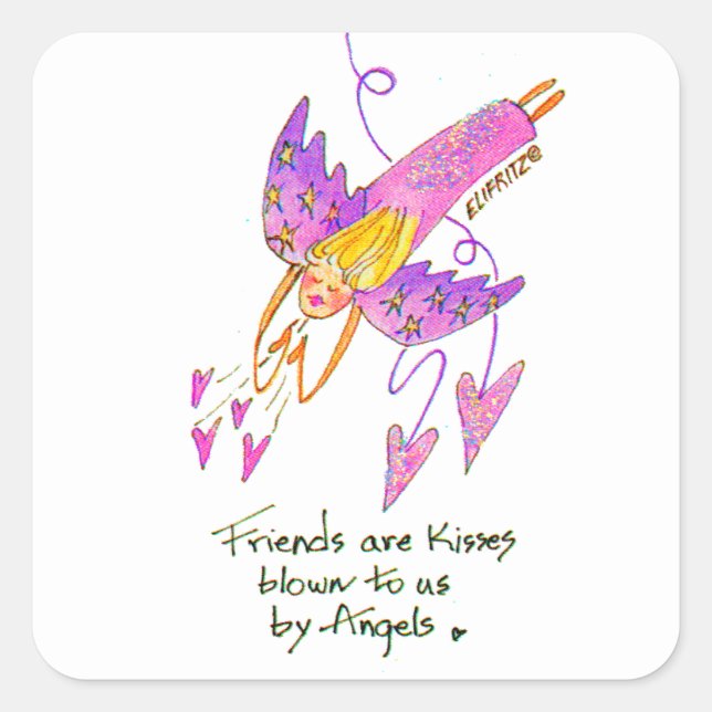 Bright purple angel brings friends as kisses square sticker (Front)